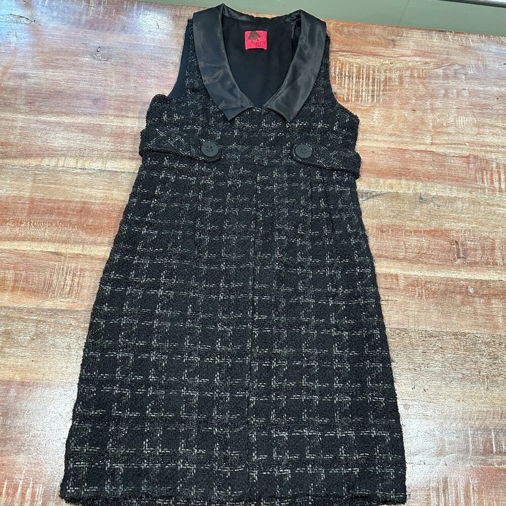 Juliette Longuet black tweed mini-dress with satin collar and buttons, size 2